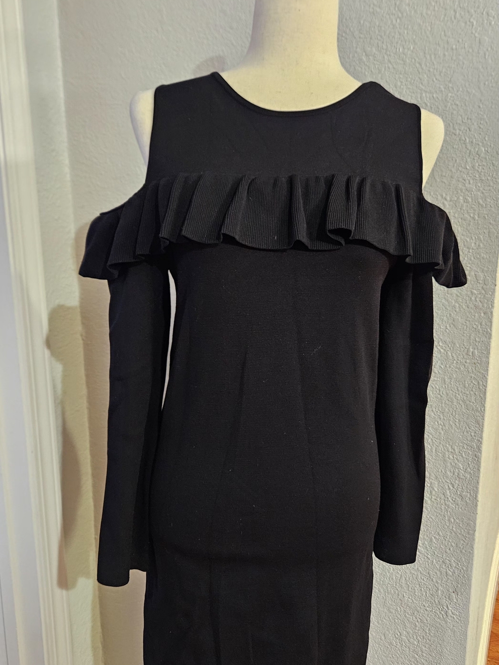 Zara Black Cold-Shoulder Ruffle Midi Dress